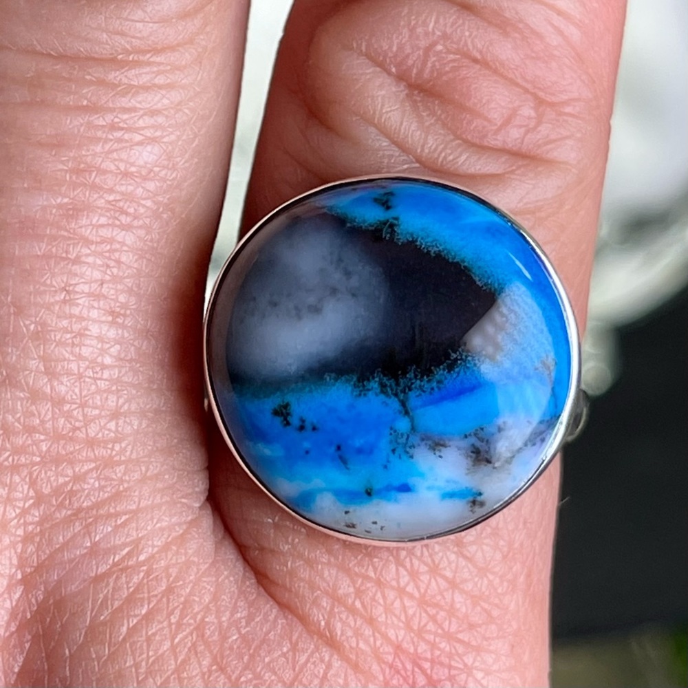 Marine Blue Dendritic Opal Ring 925 Silver
